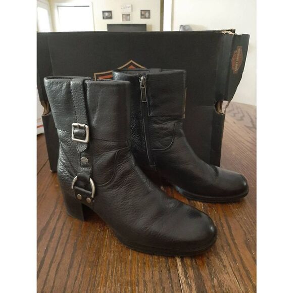 Size 6 Harley Davidson Black Leather Sadie Casual Cuff Boots Booties Chunky Heel - Picture 1 of 12